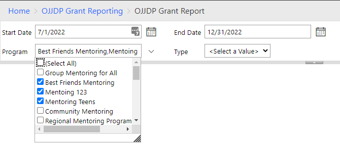 OJJDP Grant Report Parameters Screenshot