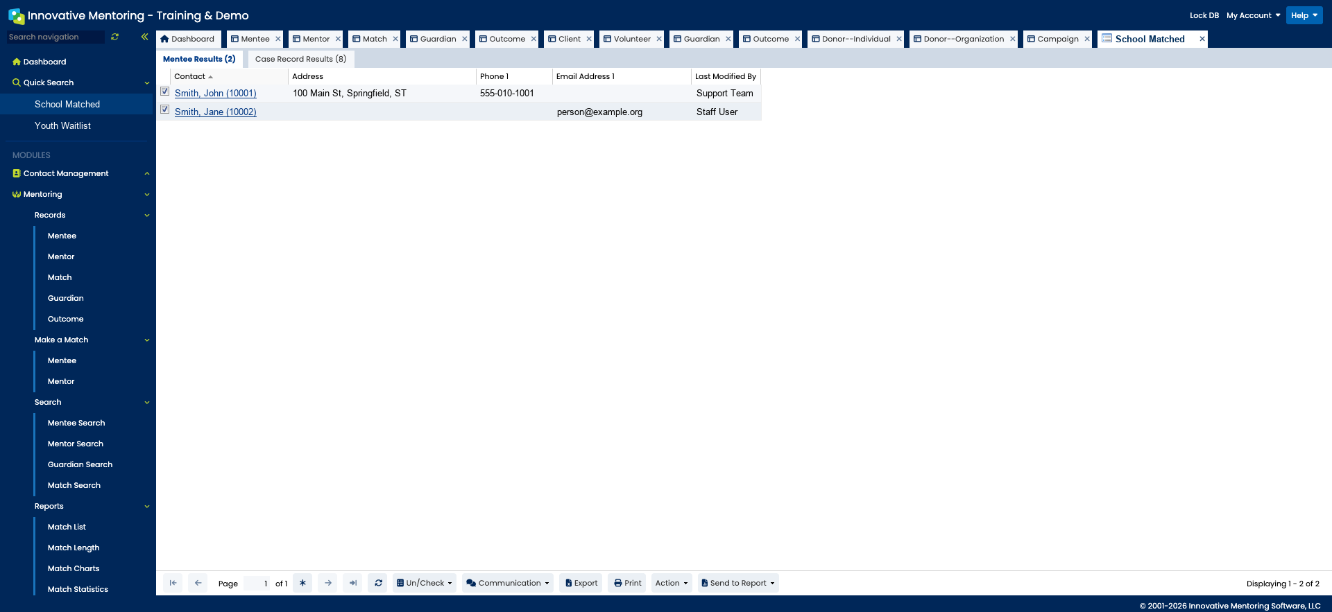 Anonymized Innovative Mentoring quick search results.