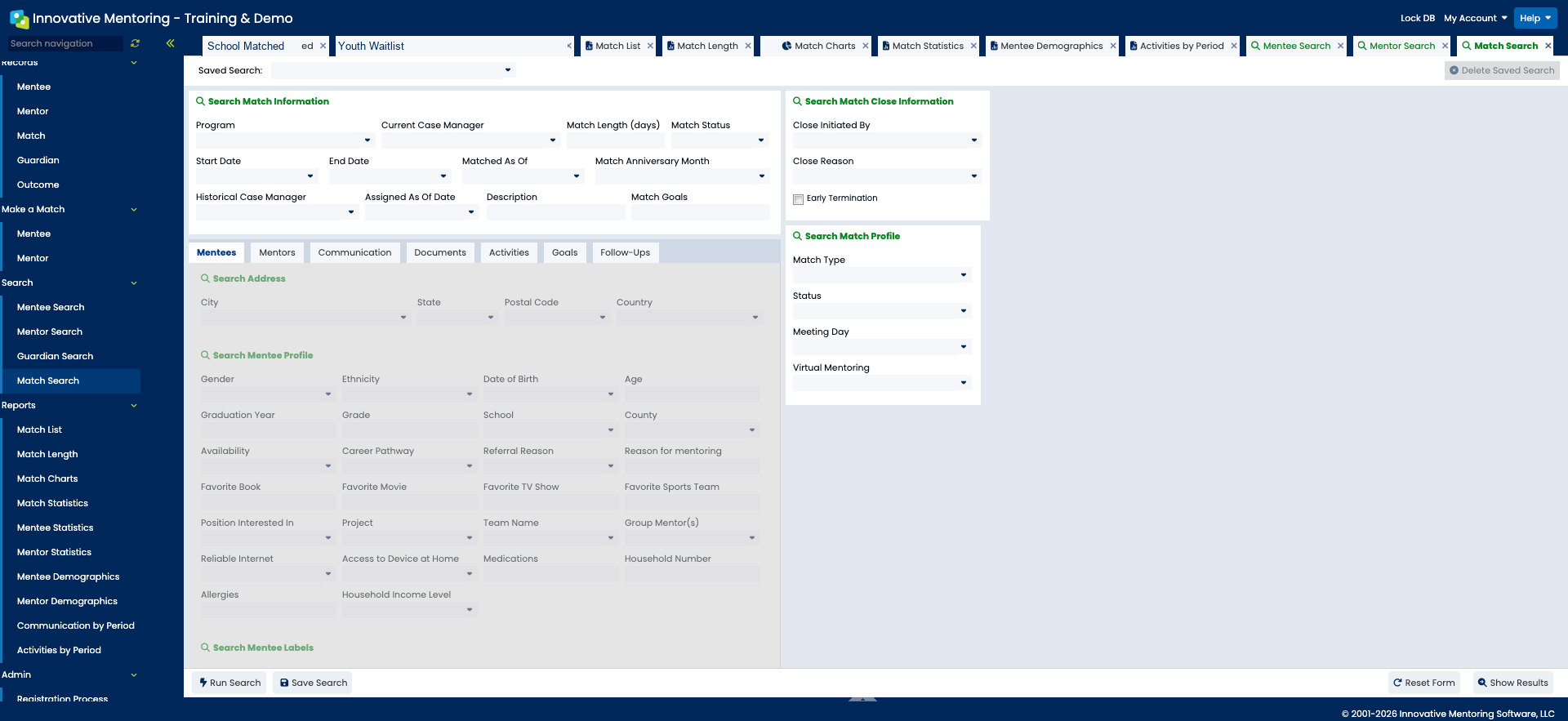 Anonymized Innovative Mentoring match search workspace.